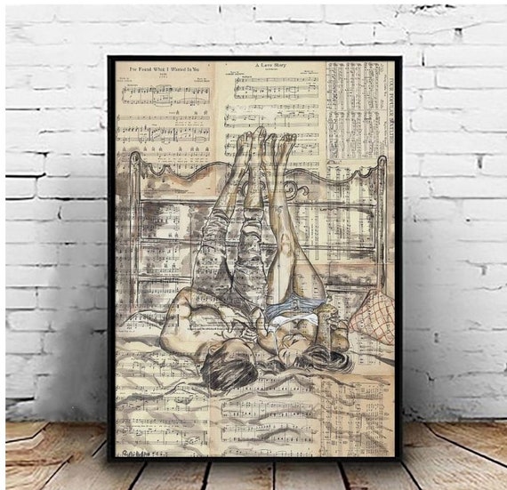 Romantic Art Print, Vintage Music Art, Intimate Couple Illustration, Love & Connection Wall Decor