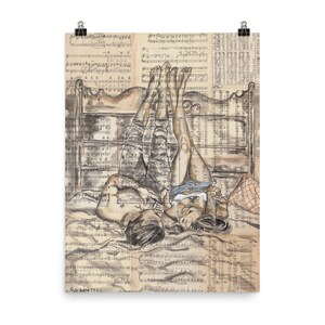 May include: A black and white illustration of a couple lying in bed, with their legs in the air. The illustration is on a background of sheet music.