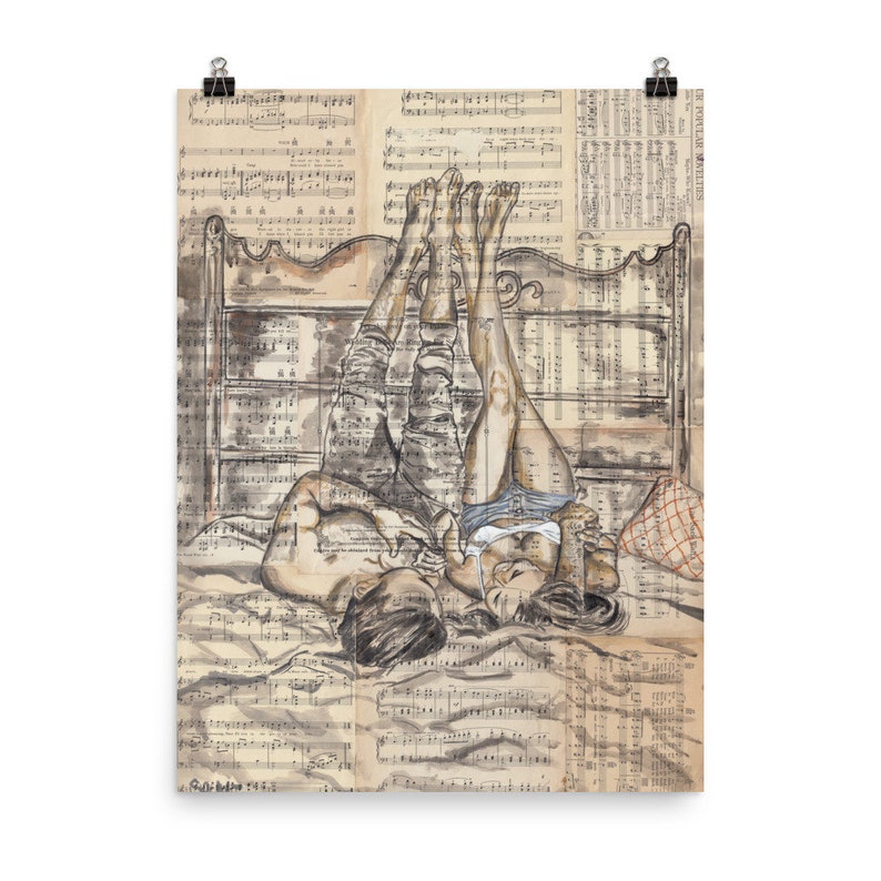 May include: A black and white illustration of a couple lying in bed, with their legs in the air. The illustration is on a background of sheet music.