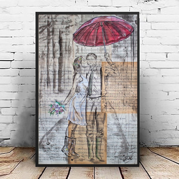 Romantic wedding artwork, Romantic Red Umbrella, Bride and Groom Art Print, Kissing in the Rain, Wedding gift