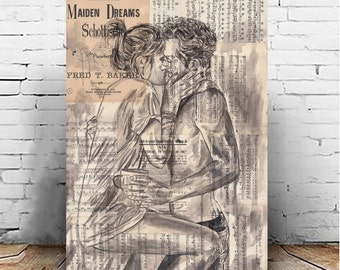 Romantic Art Print, Romantic Canvas Art, Couples Art, Lovely Couple Kissing, Sheet Music Art