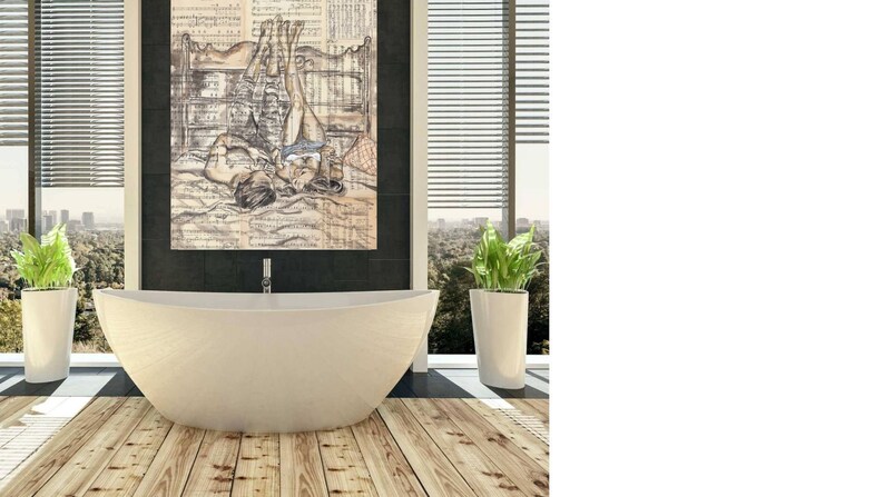 May include: A white freestanding bath in a modern bathroom with a large window and a black framed artwork of a couple lying in bed on a sheet of music. The bathroom has a wooden floor and a potted plant.