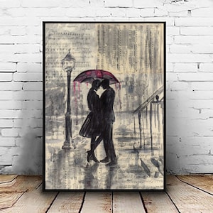 Couple In The Rain Art Print, Lovers In The Rain, Red Umbrealla Art, Ink Art On Old Book Pages