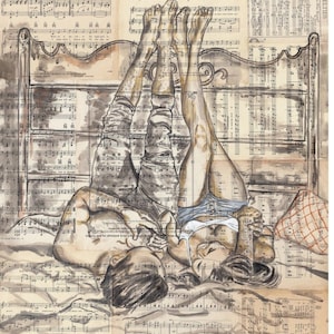 May include: A watercolour painting of a couple lying in bed with their legs in the air. The painting is on a background of old sheet music with the text "A Love Story" and "I've Found What I Wanted In You".