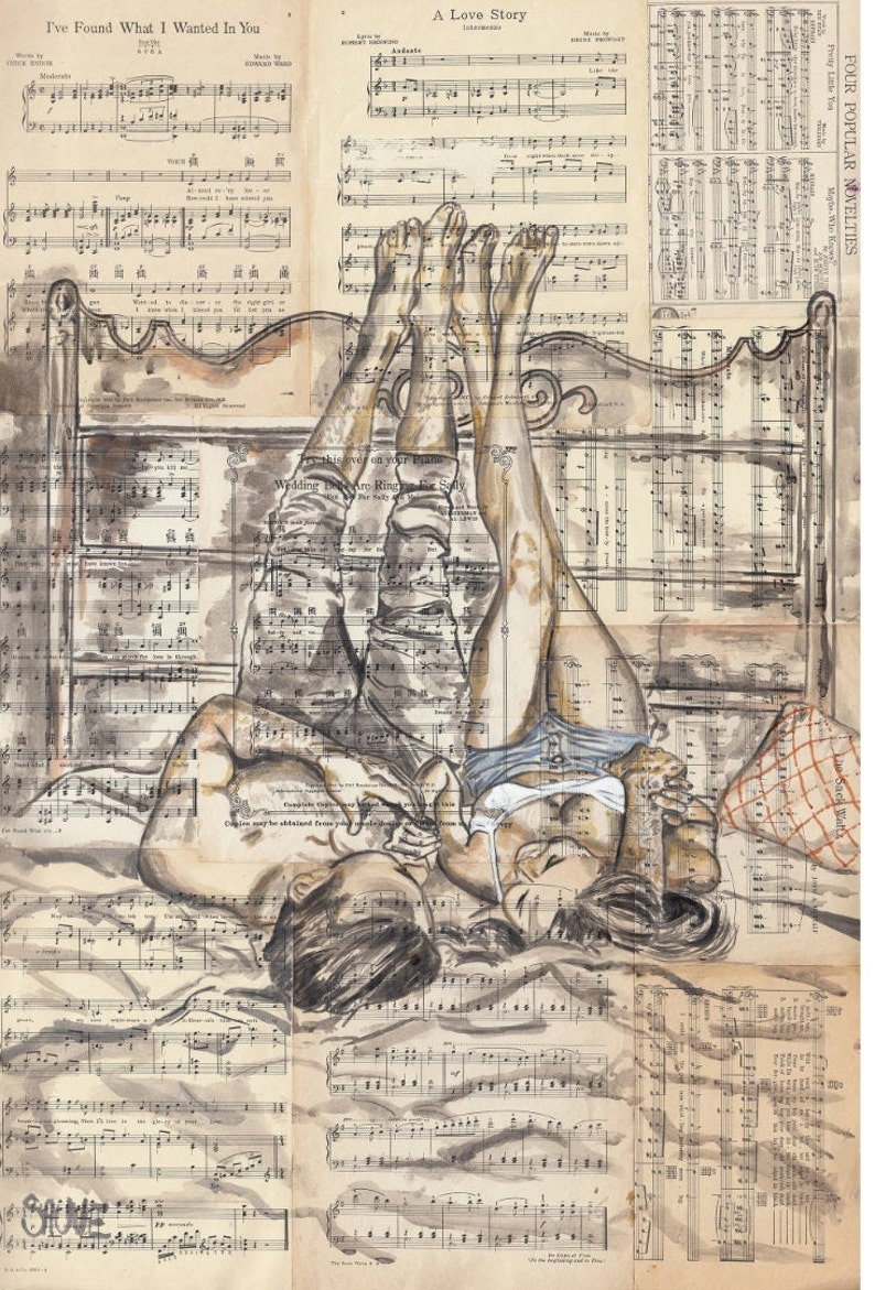 May include: A watercolour painting of a couple lying in bed with their legs in the air. The painting is on a background of old sheet music with the text "A Love Story" and "I've Found What I Wanted In You".