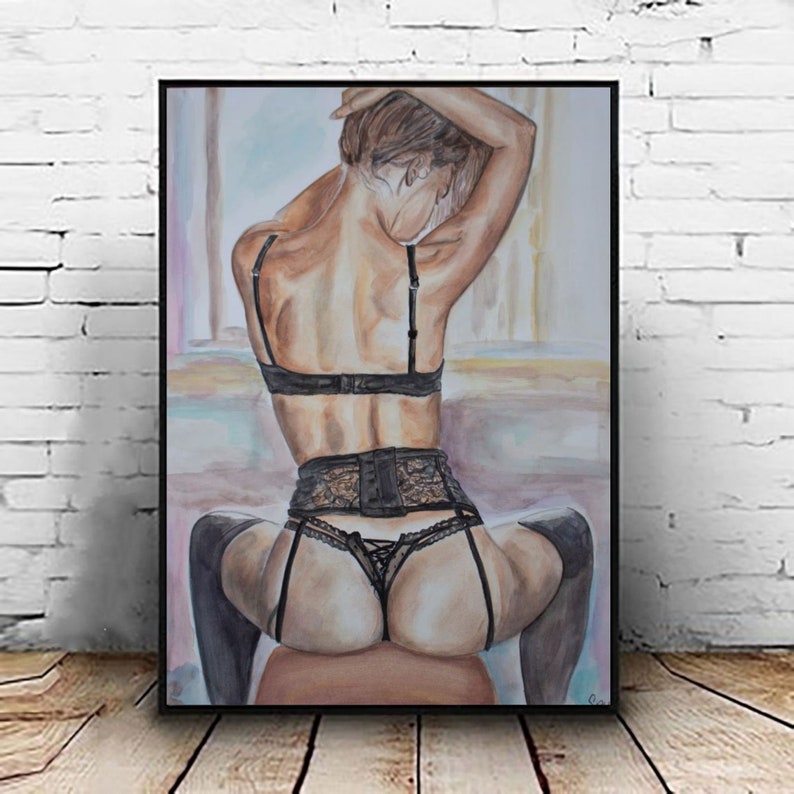 May include: Watercolor painting of a person in black lingerie, with their back to the viewer, sitting on a stool. The painting is done in a soft, muted palette of browns and grays.