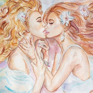 Stampa originale LGBTQ acquerello, bacio LGBTQ, pittura ad acquerello lesbica, arte sensuale delle donne, arte murale del bacio