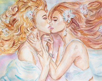 Original LGBTQ Watercolor Print, Kissing LGBTQ, Lesbian Watercolor Painting, Sensual Women Art, Kissing Wall Art