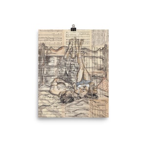 May include: A black and white illustration of a couple lying in bed, with the woman's legs in the air. The illustration is on a background of old sheet music.