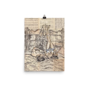 May include: A black and white illustration of a couple lying in bed with their legs in the air. The illustration is on a background of sheet music.