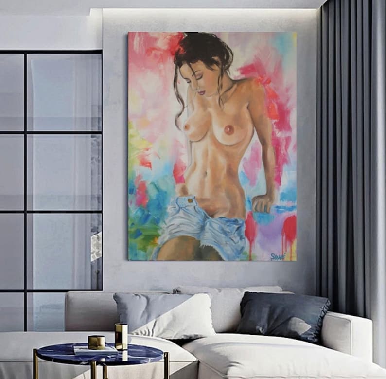 May include: A painting of a woman with long dark hair, wearing a denim skirt, standing in front of a colorful abstract background.