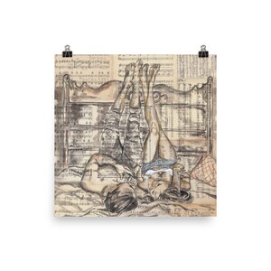 May include: A black and white illustration of a couple lying in bed with their legs in the air. The illustration is on a background of old sheet music.