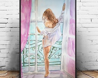 Elegant Watercolor Woman Art, Sunset Terrace Art Print, Woman Travel Illustration, Santorini Fashion Illustration Wall Art