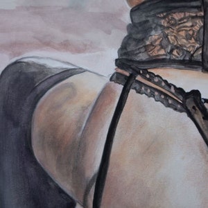 May include: A watercolor painting of a person wearing black lingerie with a lace design. The person is wearing a garter belt and stockings.