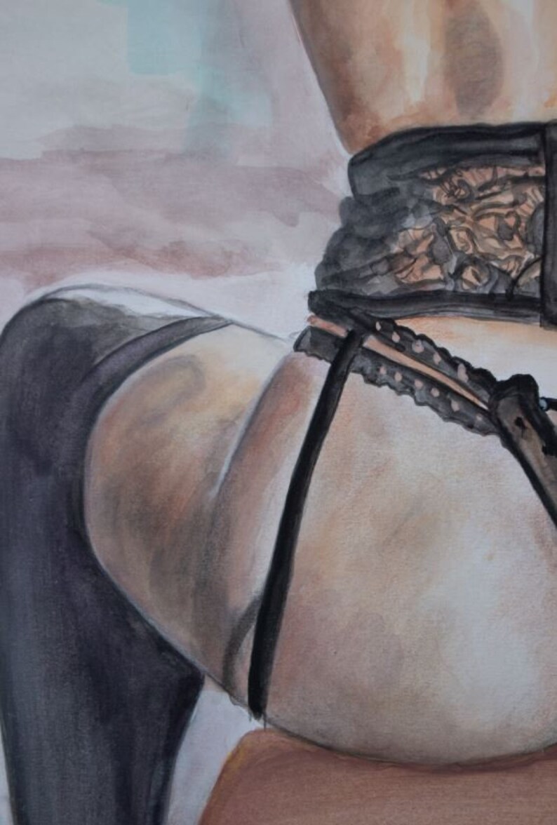 May include: A watercolor painting of a person wearing black lingerie with a lace design. The person is wearing a garter belt and stockings.