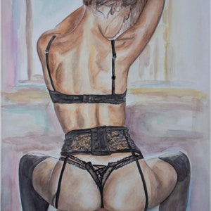 May include: Watercolor painting of a person wearing black lingerie, including a bra, garter belt, and stockings. The person is sitting on a stool with their back to the viewer.