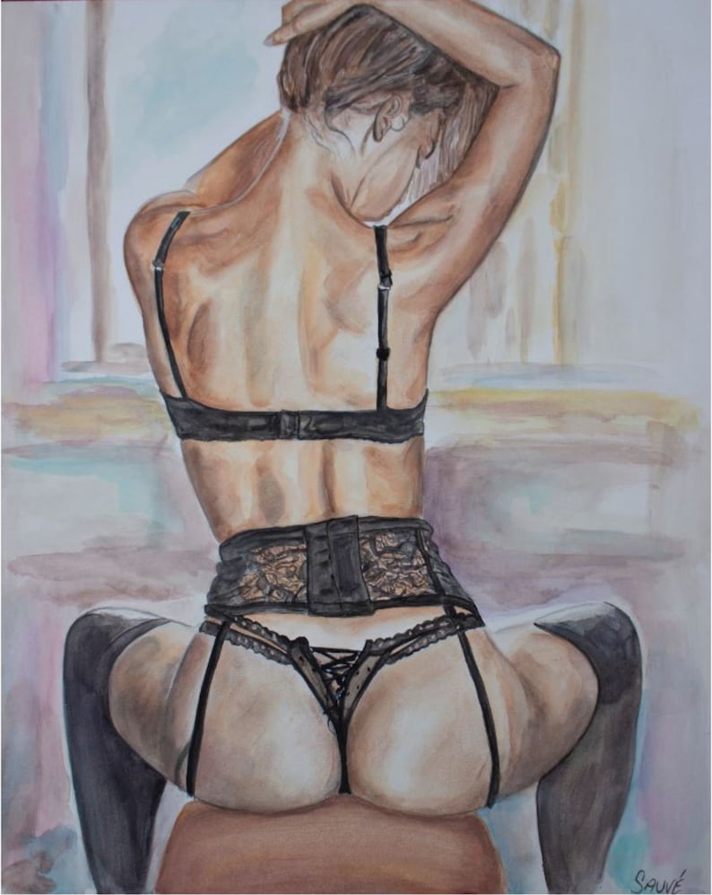 May include: Watercolor painting of a person wearing black lingerie, including a bra, garter belt, and stockings. The person is sitting on a stool with their back to the viewer.