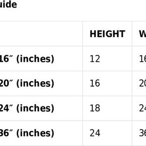 May include: Size guide for prints in inches.  The table shows the height and width of four different print sizes: 12" x 16", 16" x 20", 18" x 24", and 24" x 36".