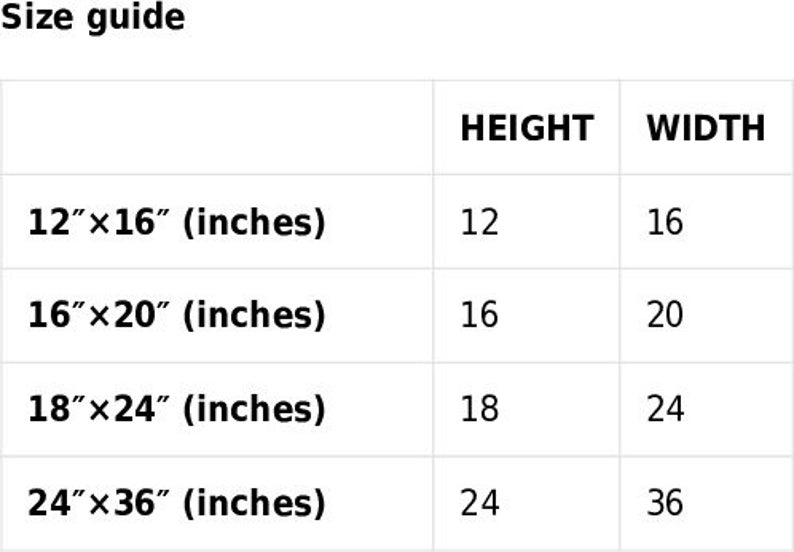 May include: Size guide for prints in inches.  The table shows the height and width of four different print sizes: 12" x 16", 16" x 20", 18" x 24", and 24" x 36".
