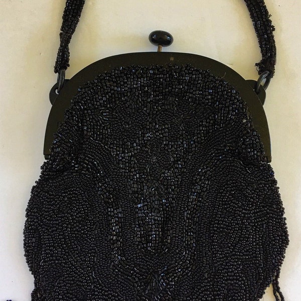 Vintage ART DECO Black Glass Micro Beaded Purse ~ 1920's Flapper Fringe Bead Handbag Bakelite Frame Push Button Silk Lining ~ Formal Evening