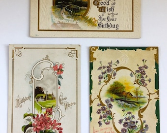 Antique 1910's Birthday Embossed Postcards Lot of 3 UNUSED ~ Edwardian Era Greetings Landscapes Post Cards with Gold Trim & Flowers ~