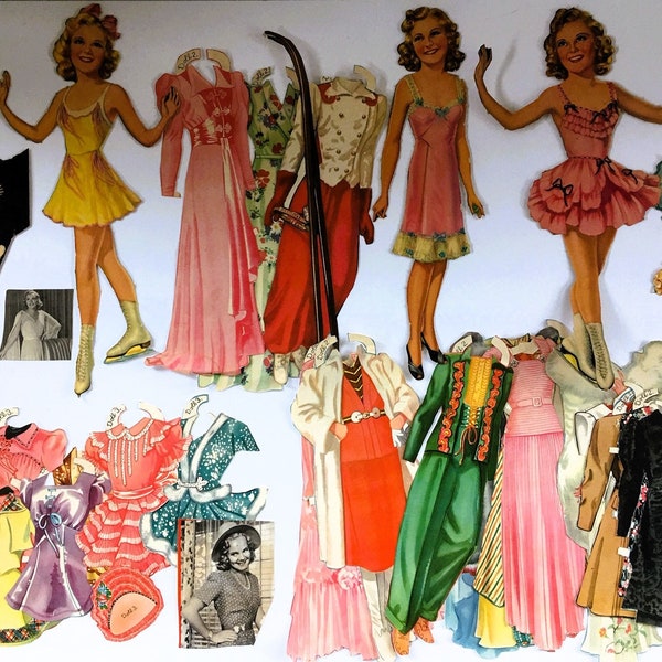 Vintage 1939 SONJA HENIE Paper Dolls Merrill Publishing #3475 Cut Out ~ Professional Skater Movie Star 3 Dolls & 46 Pcs Clothes Accessories