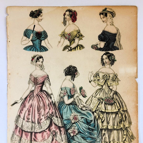 Antique 1847 Hand-Colored Fashion Plate Lithograph Engraving Victorian Era ~ 19th Century The World of Fashion Magazine Britain Publication