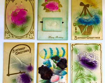Antique 1910s Birthday Postcards: Embossed Edwardian Greetings, Flowers & Birds (Lot of 7)