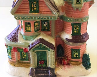 RARE Pink Victorian COBBLESTONE CORNERS Windham Heights Porcelain House ~ Vintage Christmas Village Building Hand Paint White Glitter Accent