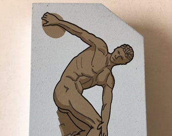 Vintage 1996 Cat's Meow DISCUS THROWER Wood Cut Shelf Sitter Accessory ~ Limited Edition ~ Hand Painted Mantle Display ~ Signed Faline '96