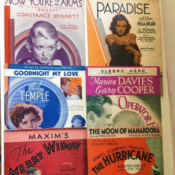 Vintage 1930's Movie Sheet Music Lot (6) Constance Bennett ~ Pola Negri ~ Gary Cooper ~ Shirley Temple ~ Jeanette MacDonald ~ Dorothy Lamour