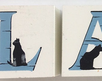 Vintage 2002 Cat's Meow Alphabet Letter Blocks which spell "LANE" Wood Shelf Sitters ~ RARE Handcrafted ABC Block Accessories Display Faline