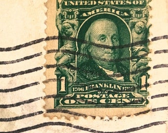 RARE Series 1902 Ben Franklin Stamp, Los Angeles on Antique 1909 Rosehedge Postcard