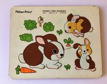 Vintage FISHER PRICE Wooden Tray Puzzle Rabbit and Bunnies #555 ~ Made in Belgium 1970's Preschool Ages ~ Great Toy Collector's EASTER Gift