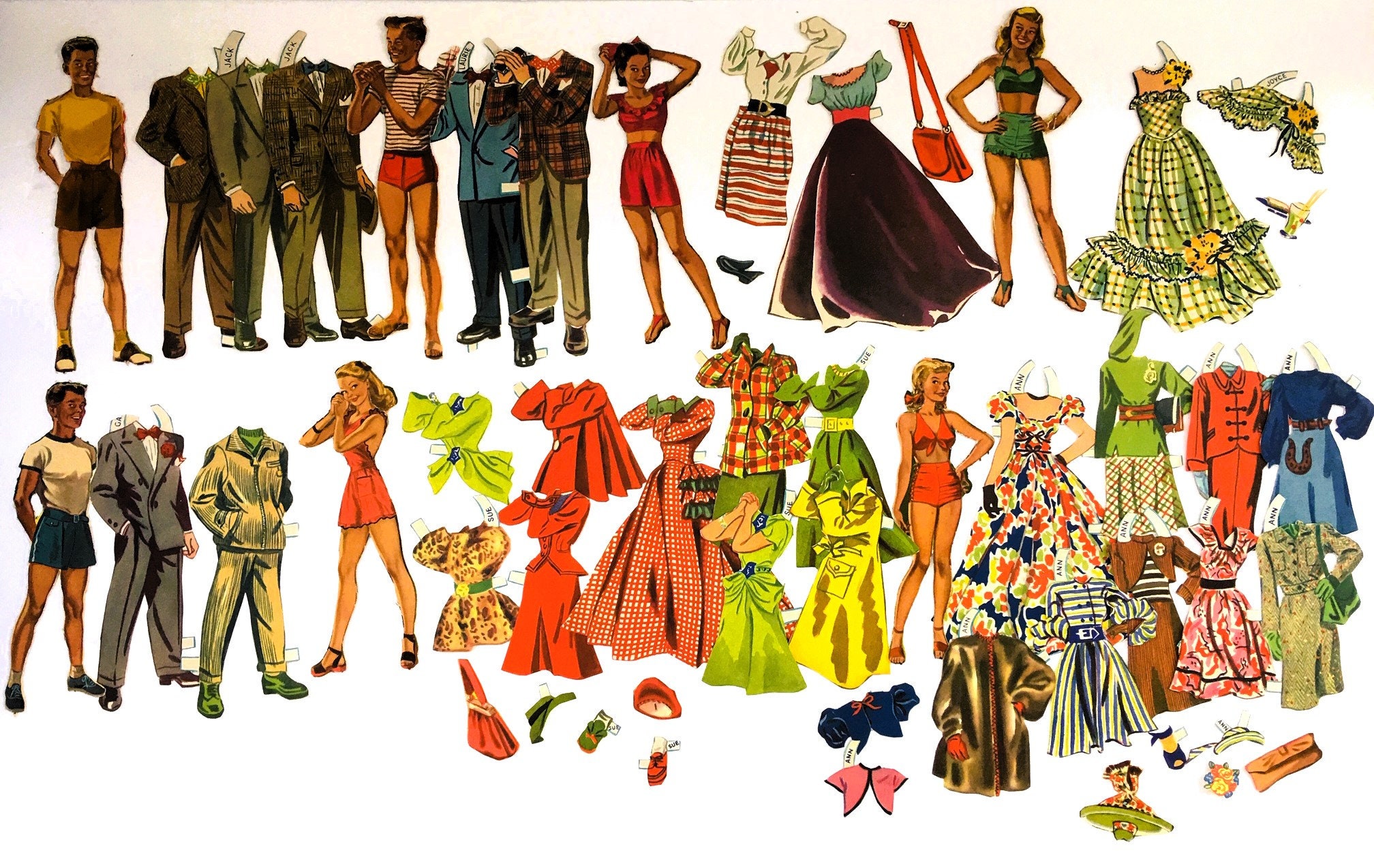 Vintage 1948 HIGH SCHOOL Paper Dolls Merrill Publishing #1551 Mostly Cut Out ~ 3 Teenage Boys & 4 Teen Girl Dolls + 84 Pcs Clothes Accessory