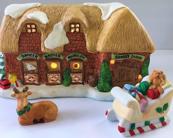 BRINN'S Santa's Stable Lighted Porcelain Christmas House ~ Vintage 1988 Winter Village Collection Nite-Lite w/ Two Accessories Original Box