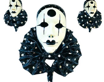 Vintage Papier Mache Clown Mask Set (3): Hand-Painted Mardi Gras Decor