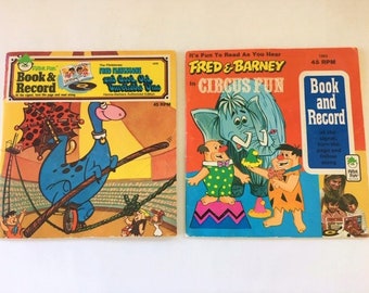 Vintage 1974 FLINTSTONES Peter Pan Book & Record Set (2) ~ Fred and Barney in Circus Fun ~ Fred Flintstone and Good, Old, Unreliable Dino ~
