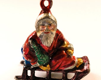 RARE Miniature Old World Santa Claus on Sled Sleigh German Pewter Hand Painted Christmas Ornament Vintage Father Christmas Figurine Pendant