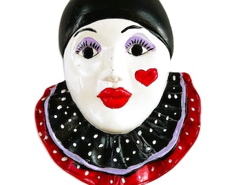 Vintage Pierrot Clown Ceramic Wall Mask, Hand Painted Heart Harlequin