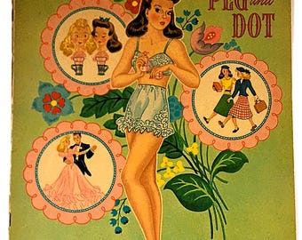 Vintage 1943 A Busy Day With Peg and Dot Paper Doll Book Merrill Publishing #966 ~ 2 Teen Gal Cut Out Dolls w/ Pages of Clothing Accessories