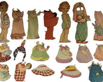 Vintage 1936 POLLY PEPPER Paper Dolls Saalfield Publishing #2126 Cut Out ~ 2 Large 10&quot; Girl Dolls & 16 Pieces Clothing and Accessories RARE