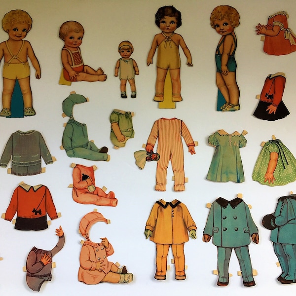 Vintage 1936 QUEEN HOLDEN Paper Dolls Cut Out ~ Peter, Baby Betty, Barbara, Patty & Baby Doll ~ 5 Paperdolls plus 23 Pieces of Clothing