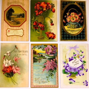 Antique 1910&#39;s Birthday Embossed Postcards Lot 6 Pink Flowers ~ Edwardian Era Printed in Germany Floral Landscape Post Cards Franklin Stamps