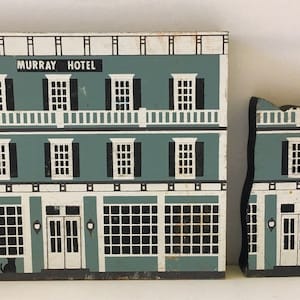 Vintage 1987 Cat&#39;s Meow Murray Hotel & Cat Shaped House Series V ~ Wood Cut Shelf Sitters Mantle Displays ~ Retired and Signed Faline &#39;91
