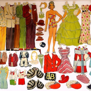 May include: A vintage paper doll set with a variety of outfits for both men and women. The set includes a white dog, hats, and accessories.