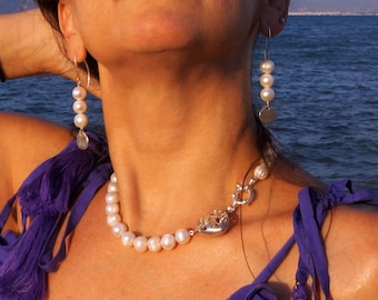 Handmade pearl necklace choker with silver clasp