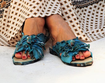 Greek Handmade Leather Sandals, Artistic blue sandals "Mykonos4" (handmade to order)