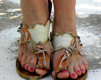Greek Handmade Leather Sandals, White-orange Woman Sandals / Handpainted Women Sandals "Ariadne" (handmade to order)