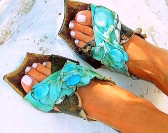 Greek Handmade Leather Sandals, Handpainted Light-blue Sandals, Women Sandals "Iris" (handmade to order)